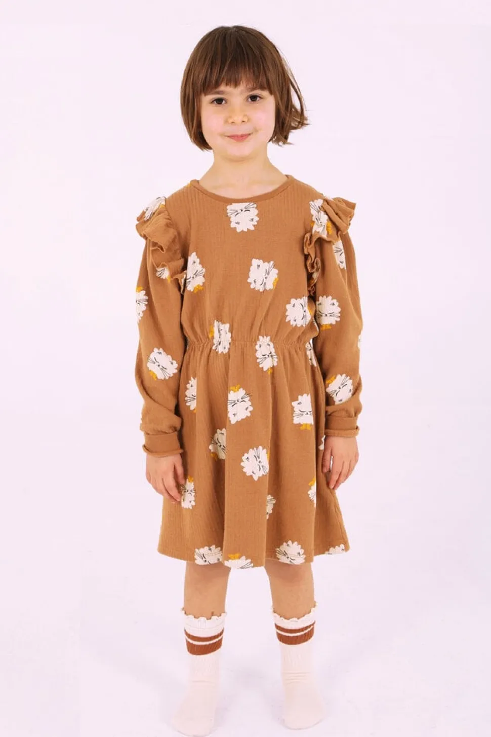 Lötiekids | Ruffle Sleeve Dress | Kittens In Boots | Brown
